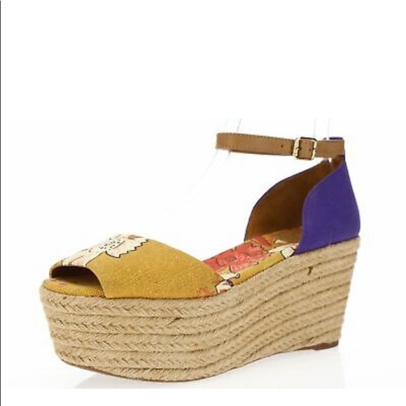 TORY BURCH sz 8 RARE platform floral print ankle strap platforms opentoe sandals - Picture 1 of 11